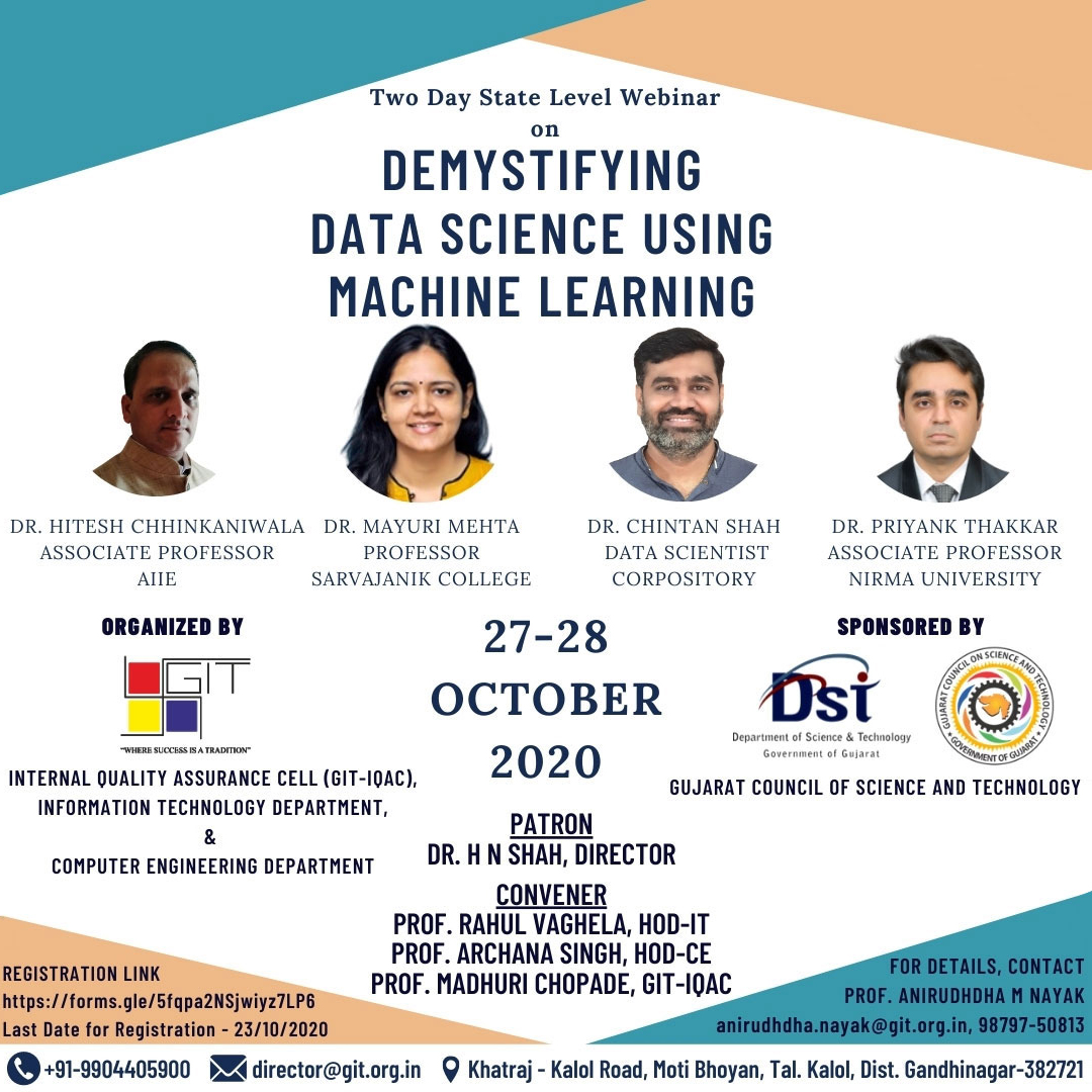 GUJCOST Sponsored Two Days State Level Webinar On “Demystifying Data Science Using Machine Learning”