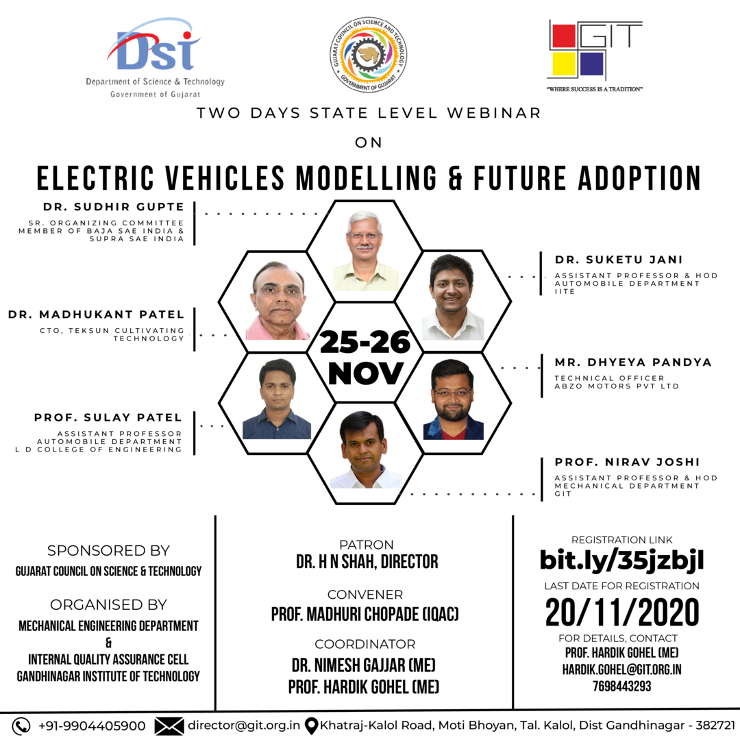 GUJCOST Sponsored 2 Days State Level Webinar On “Electric Vehicles Modelling And Future Adoption” November 25th-26th 2020