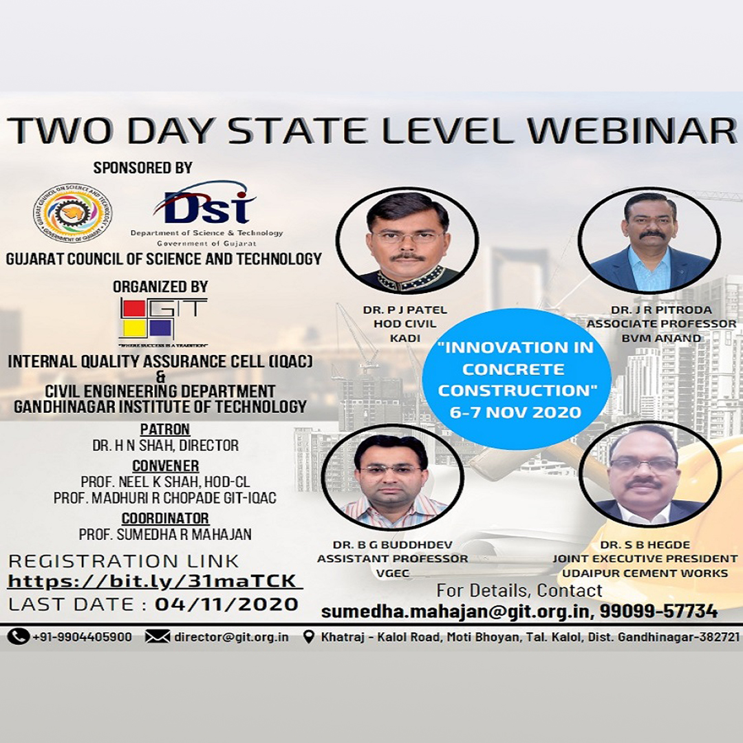 GUJCOST Sponsored 2 Days State Level Webinar On “Innovation In Concrete Construction” On 6th-7th November, 2020
