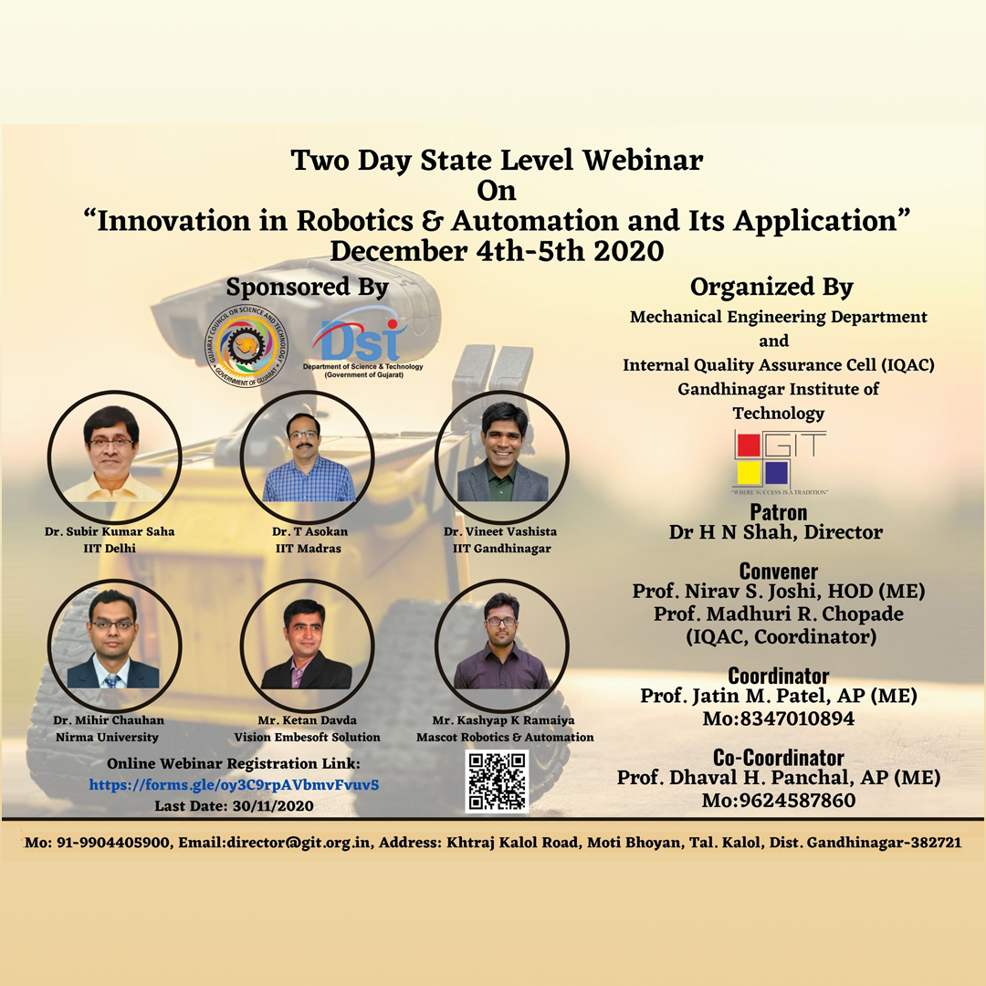 GUJCOST Sponsored 2 Days State Level Webinar On “Innovation In Robotics & Automation And Its Application”