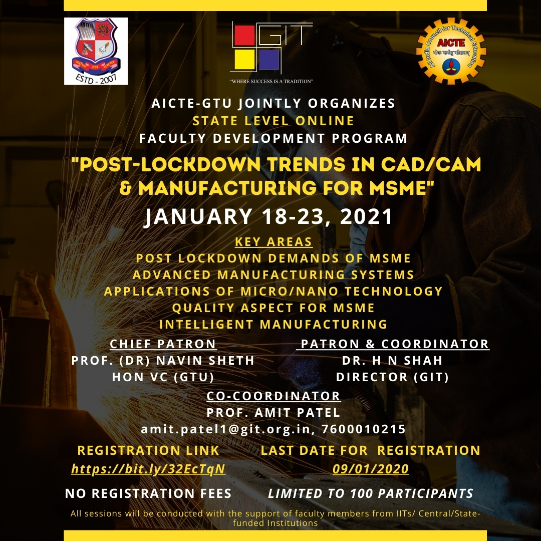 AICTE & GTU Sponsored 6 Days Online FDP On “POST LOCKDOWN TRENDS IN CAD/CAM AND MANUFACTURING FOR MSME”